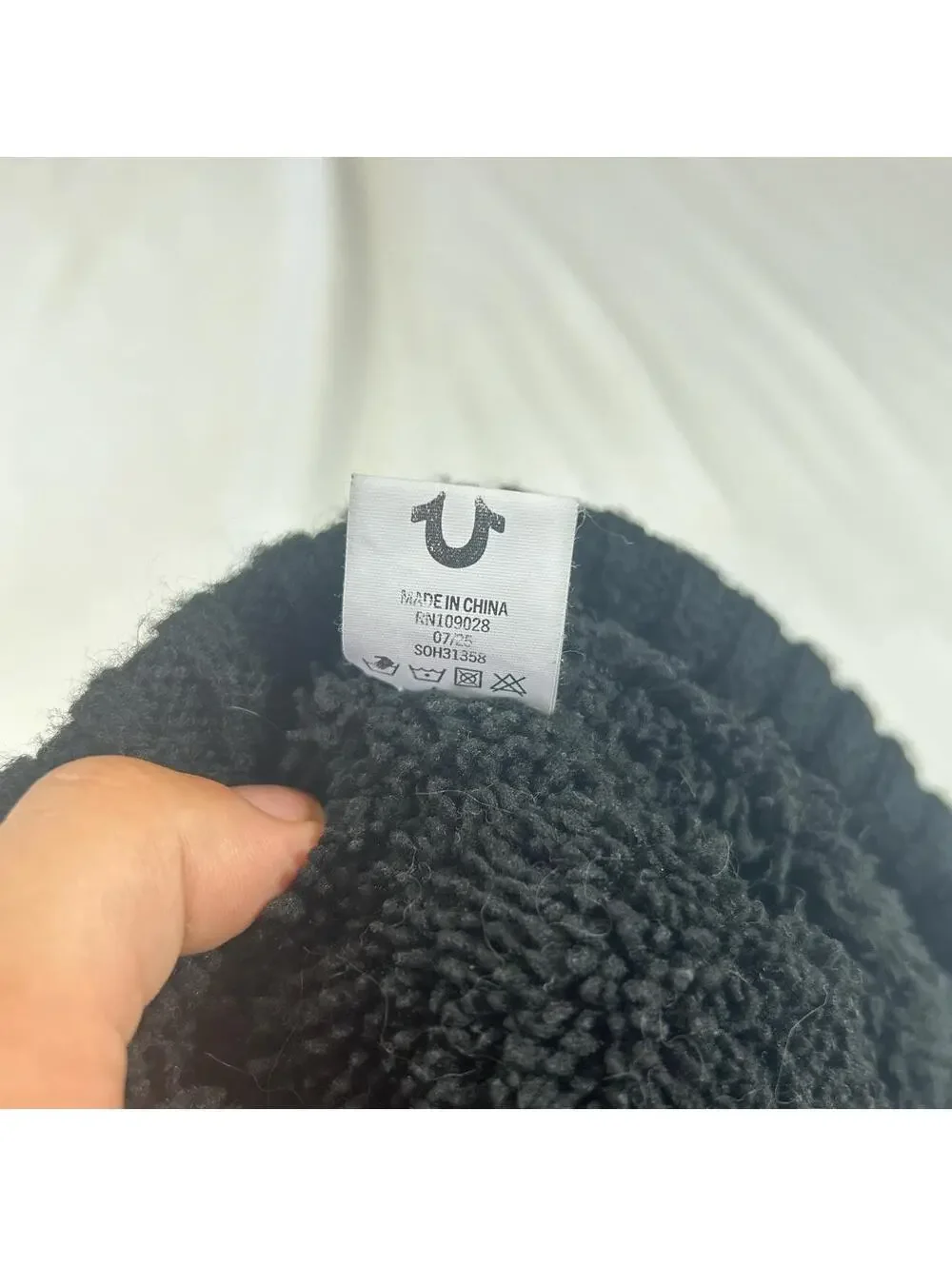 True Religion Brand Jeans Black Ribbed Logo Patch Beanie.
